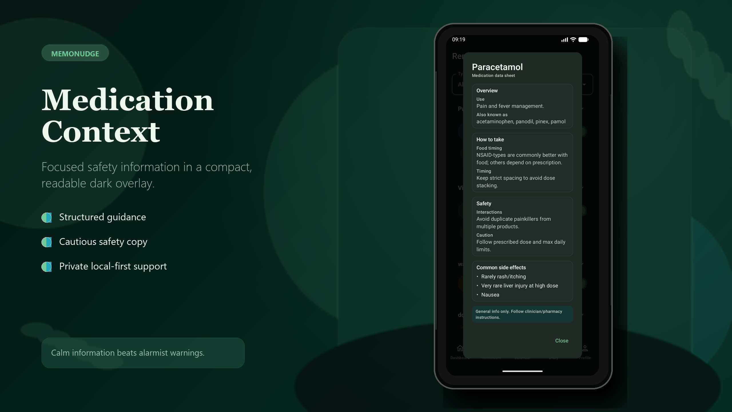 MemoNudge Medication Context dark showcase