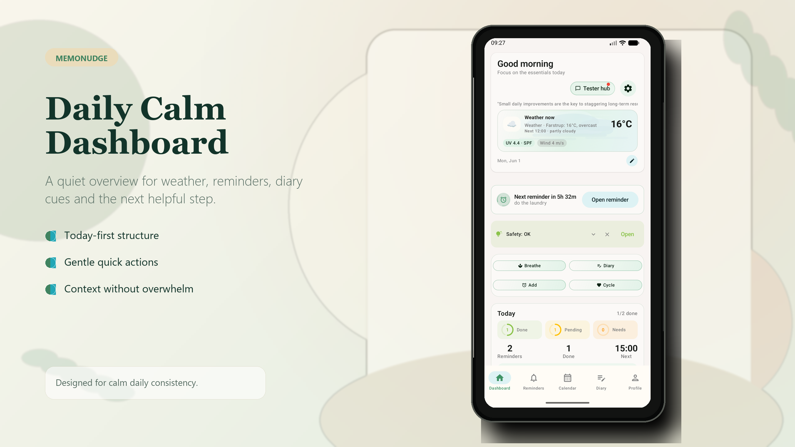 MemoNudge dashboard showcase with one real app screenshot