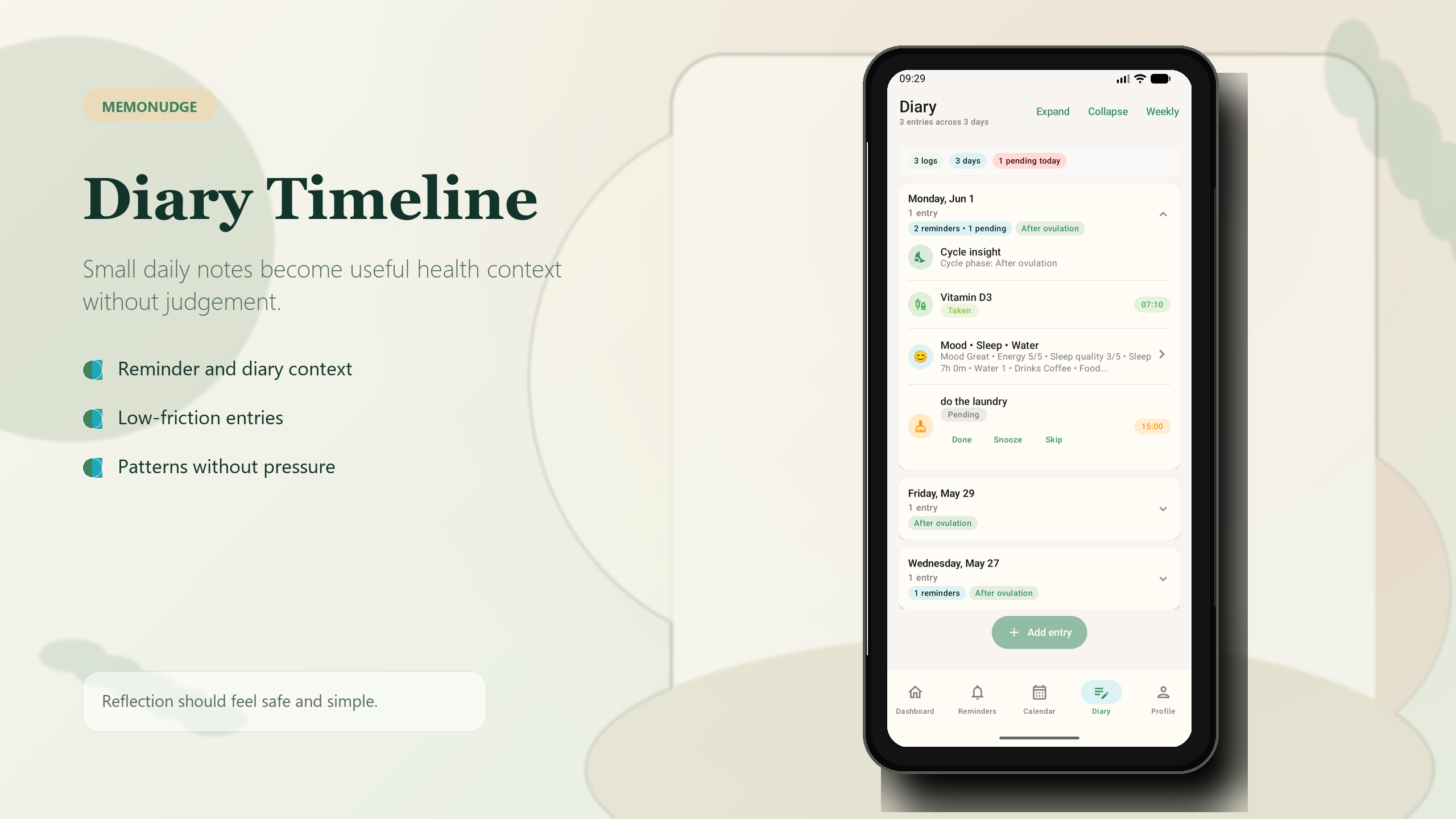 MemoNudge Diary Timeline showcase