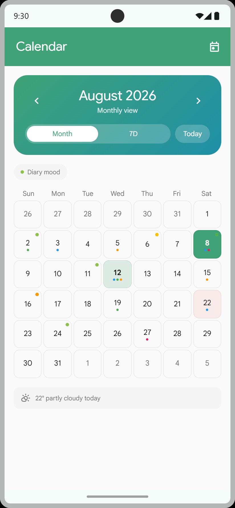 MemoNudge's monthly calendar view with reminder and mood dots