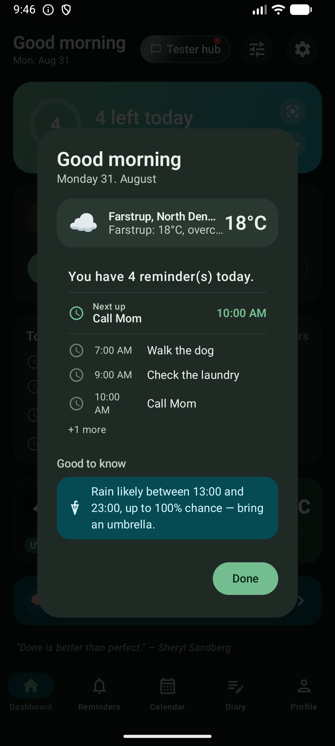 The same daily overview in dark mode, showing the weather, today's reminders and the rain warning