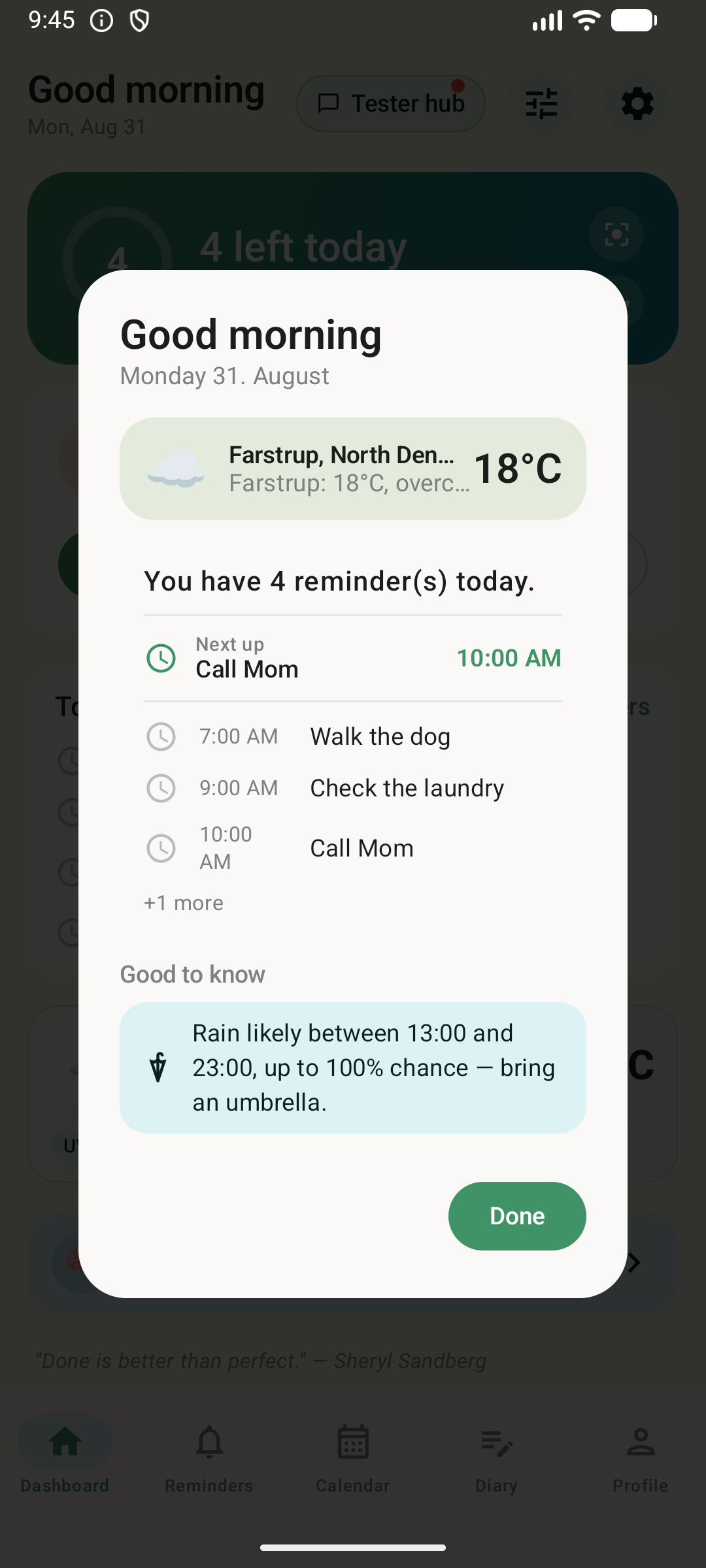 MemoNudge's daily overview in light mode: a greeting with the date, the local weather, today's reminders with times, and a rain warning