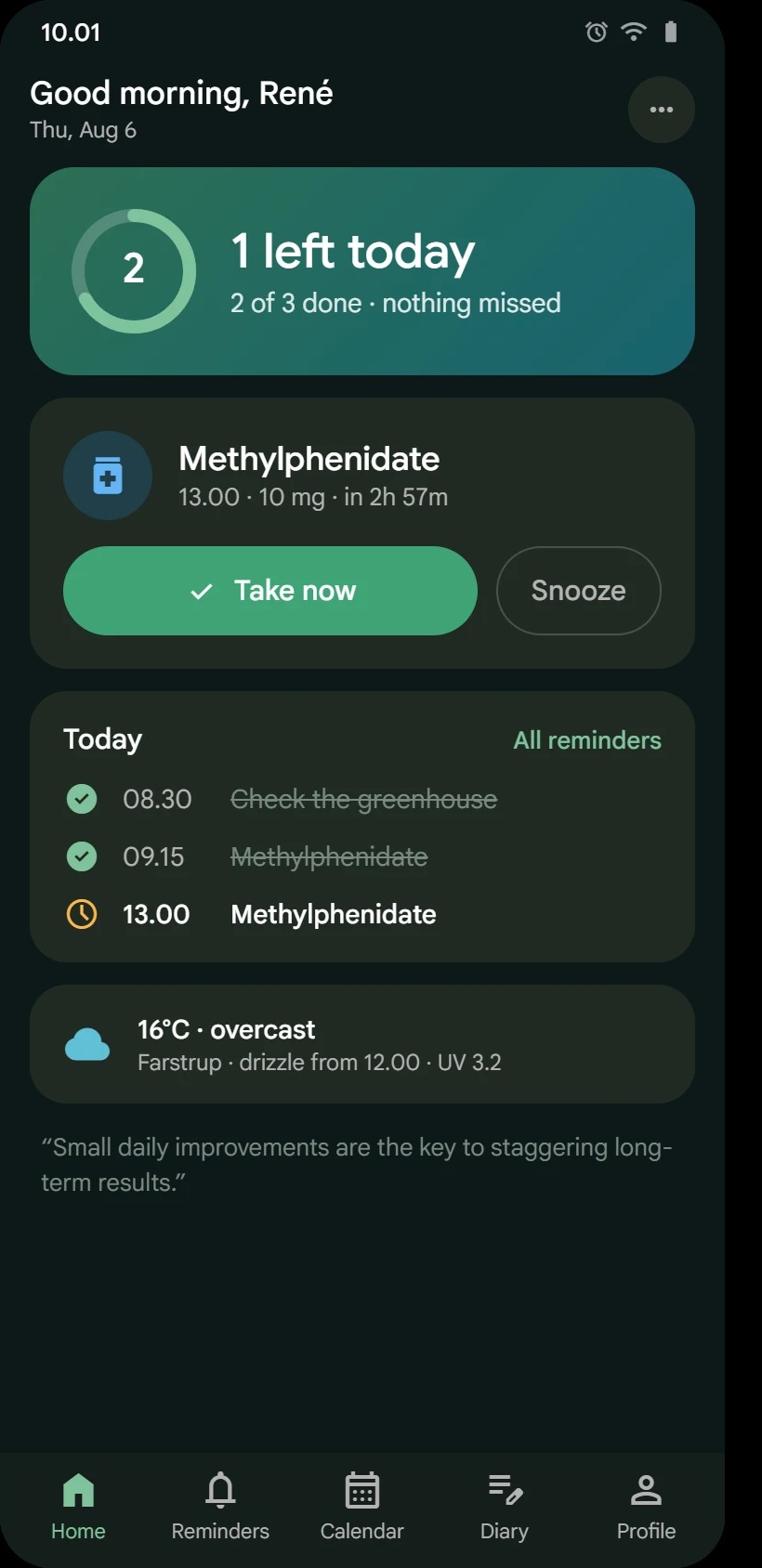 MemoNudge dashboard in dark mode, showing today's progress and the next reminder