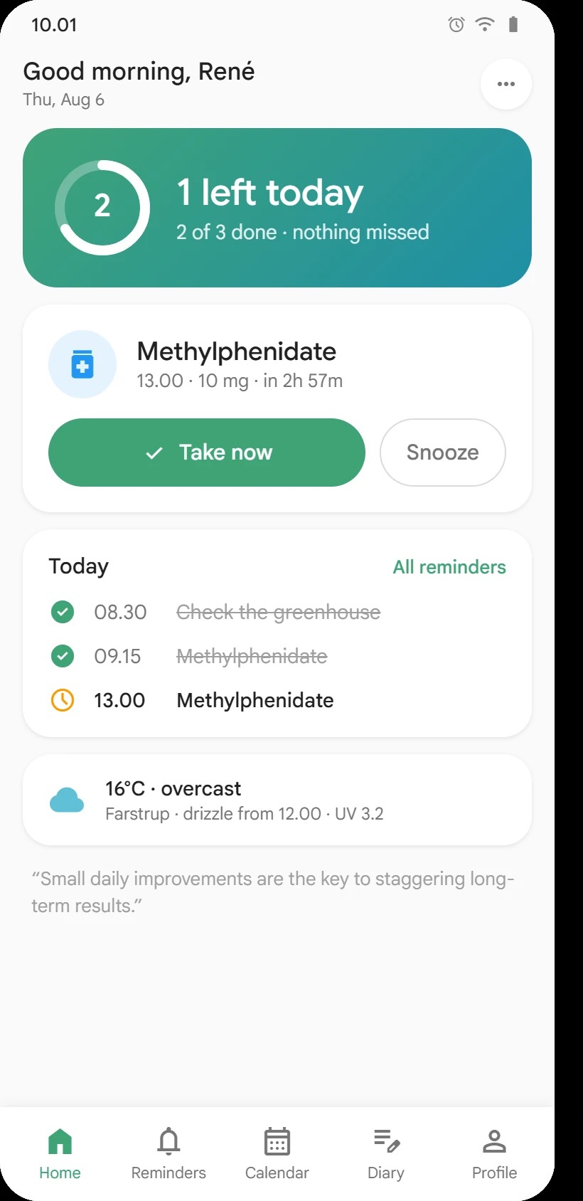 MemoNudge dashboard in light mode, showing today's progress and the next reminder