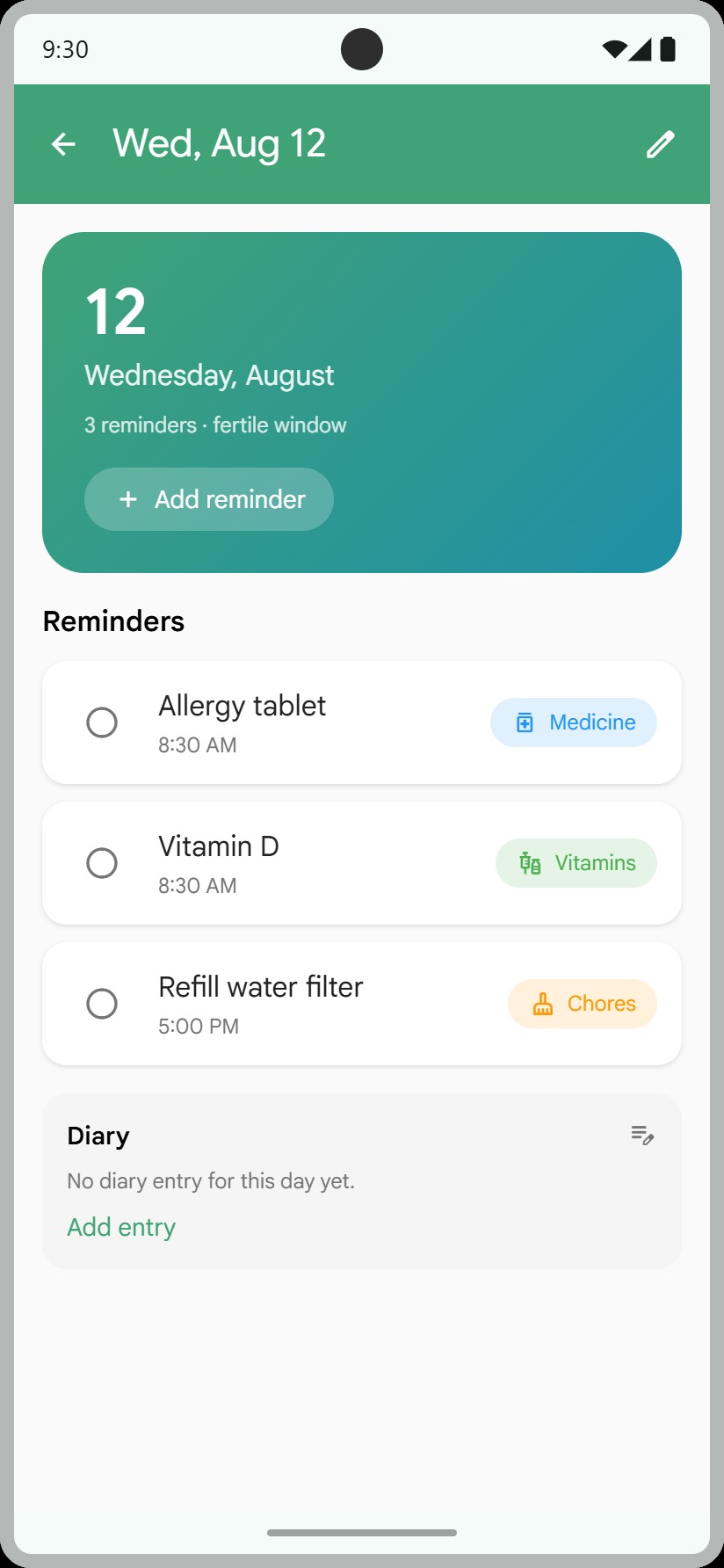 A single day's reminders and diary entry in MemoNudge
