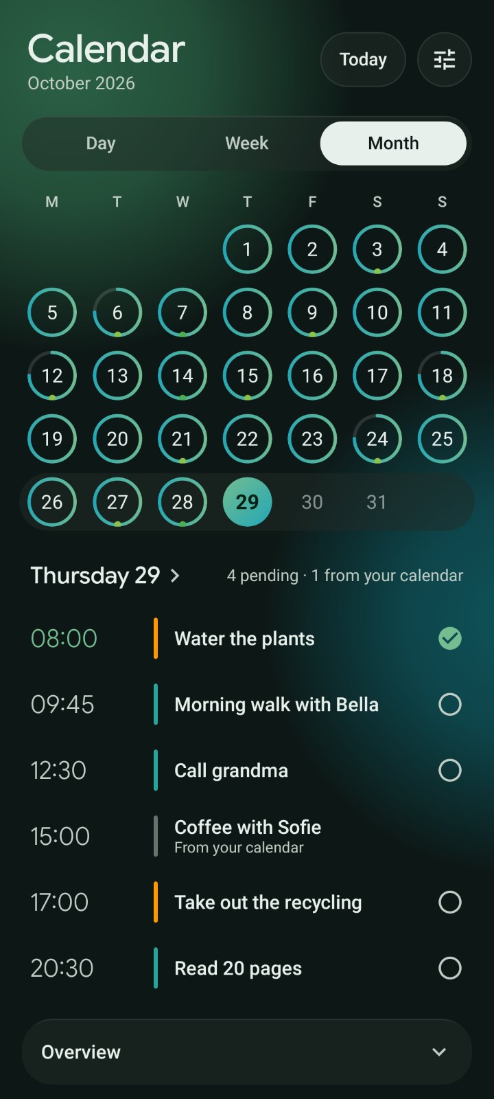 The new calendar in dark mode, with a small ring on every day and today's timeline below