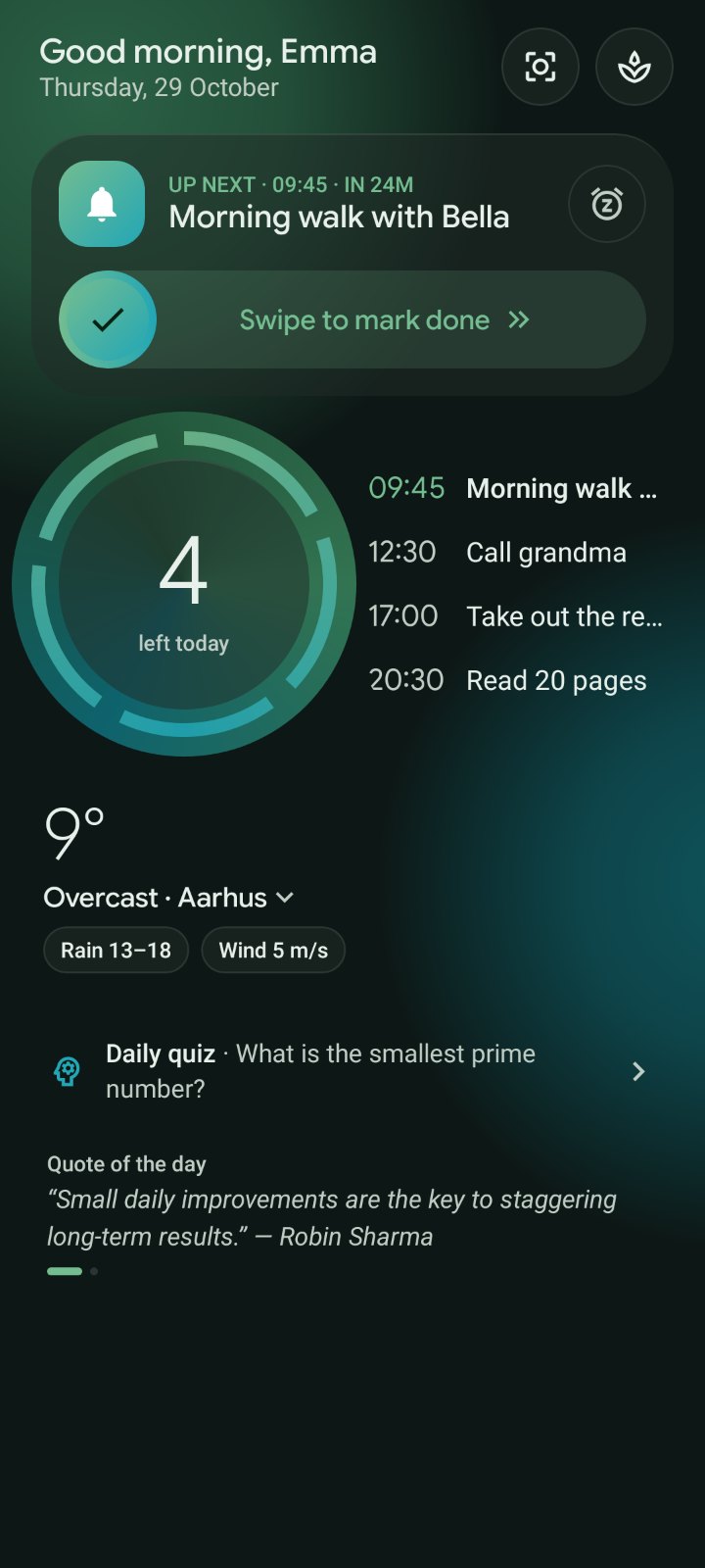 The new MemoNudge Home in dark mode, with the day ring, today's reminders and the weather