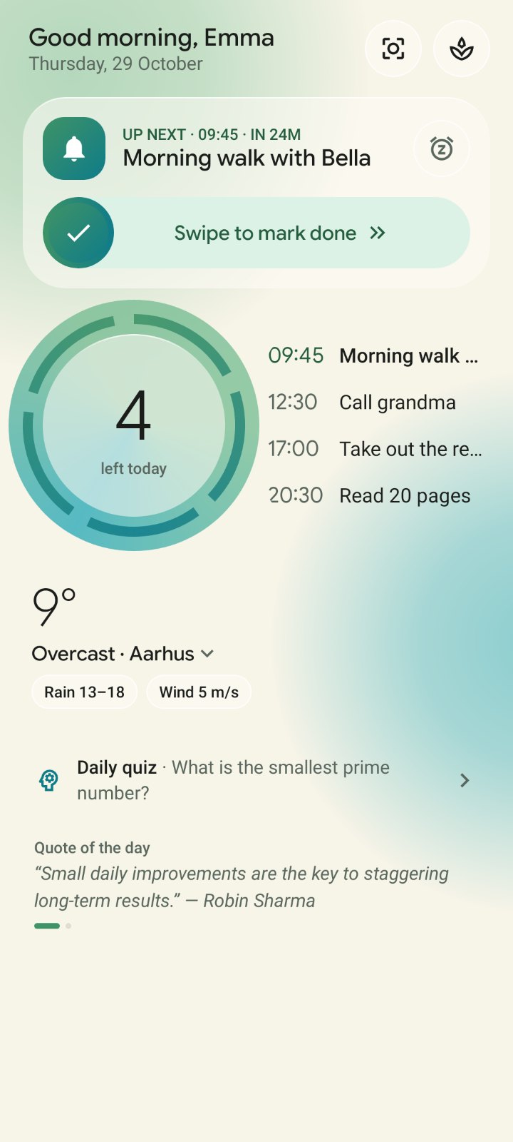 The new MemoNudge Home in light mode: the next reminder with swipe to mark done, a day ring showing four reminders left today, and the weather