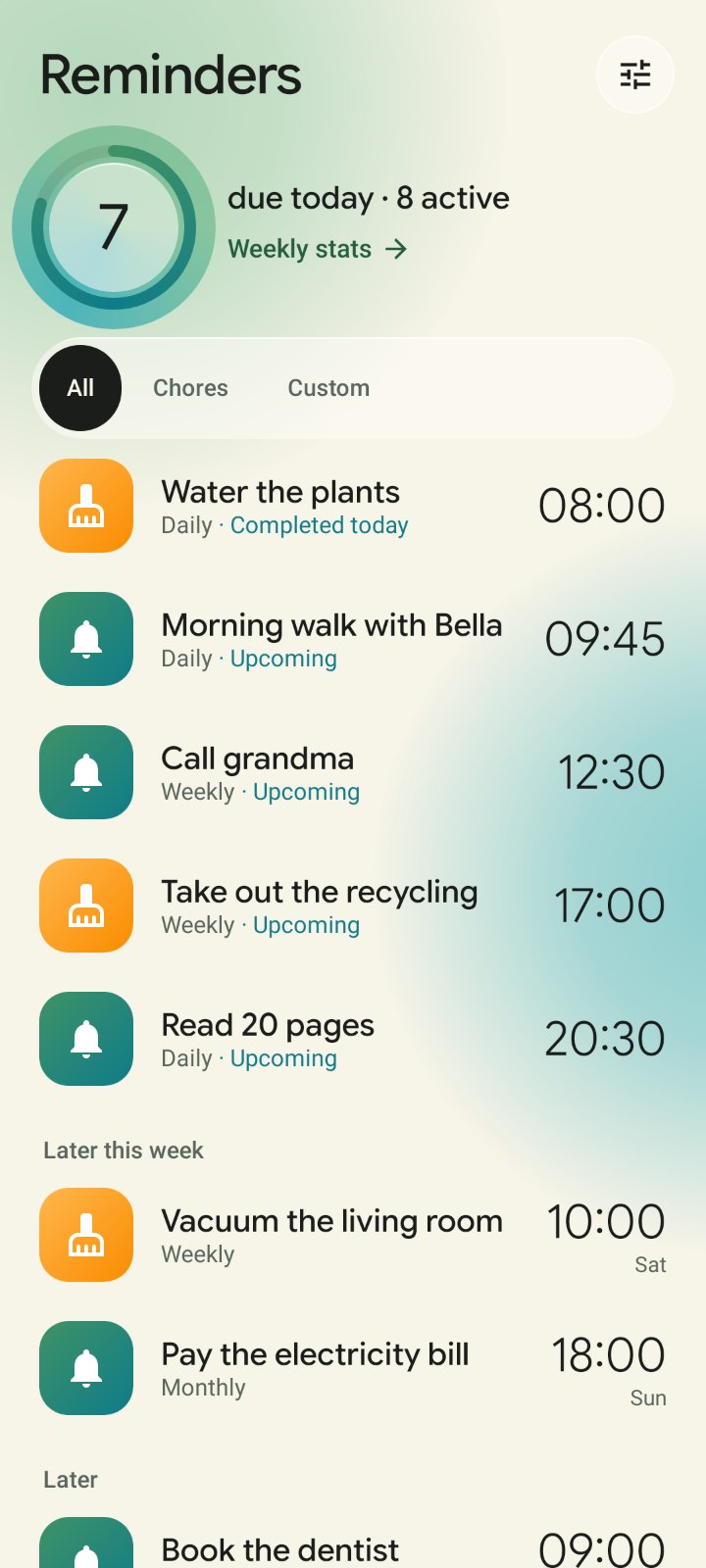 The new reminders list, grouped by today, later this week and later, with large clear times
